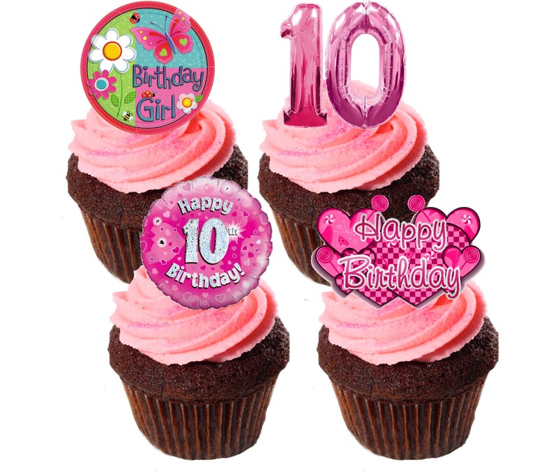 10th Birthday Girl Edible Cup Cake Toppers, Pink Stand-up Fairy Bun Decorations
