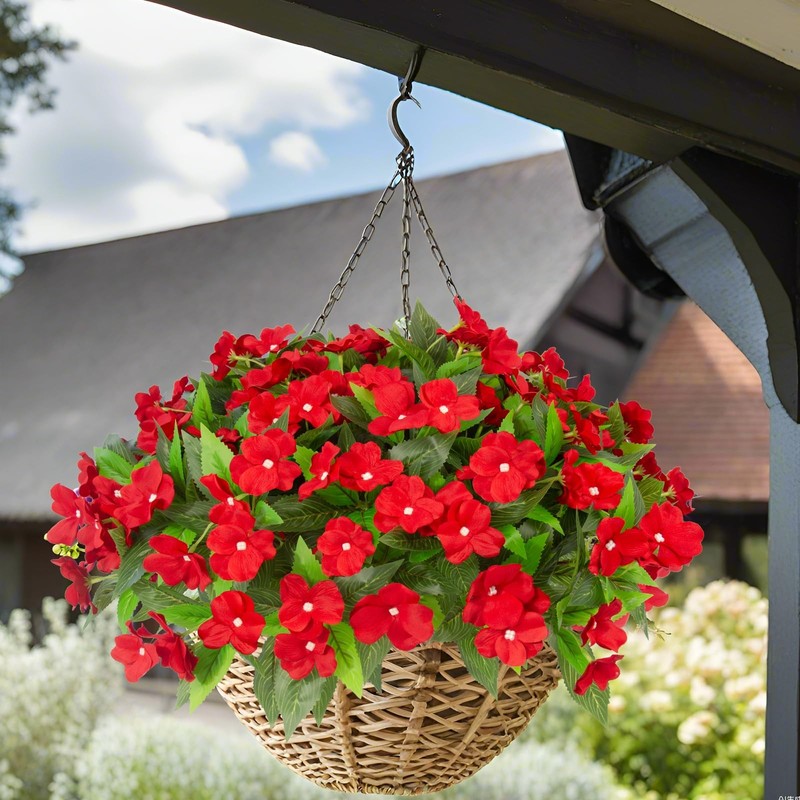 Artificial Impatiens Flowers Red 4Pcs UV Resistant Outdoor Silk Bushes Porch Dec gallery