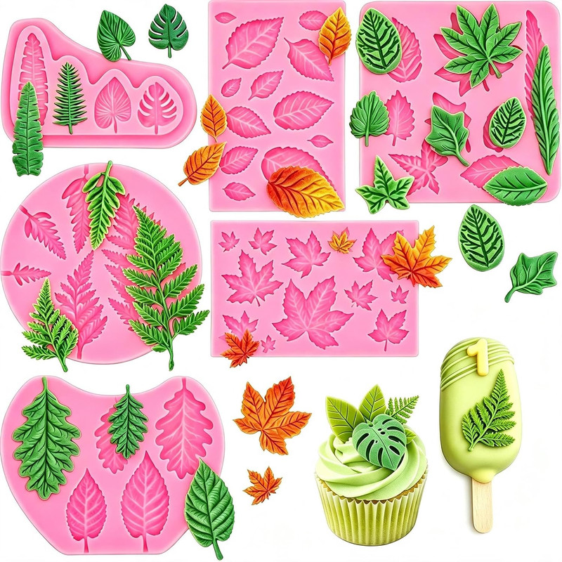 Leaf Fondant Silicone Molds, Set of 6 Maple Fern Palm Tropical Leaves Mold | 46