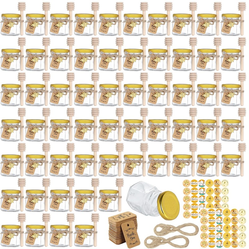 60 Pack Mini Honey Jars with Lids and Dippers