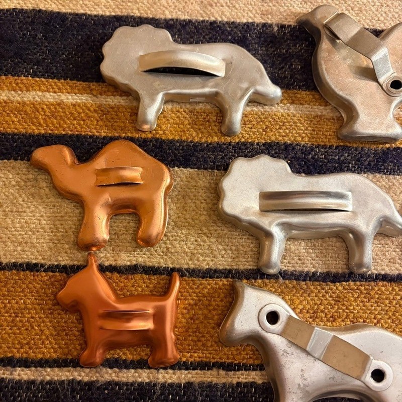Vintage Metal Cookie Cutters Set of 9 Animal Shapes Aluminum Copper Tone Handles gallery