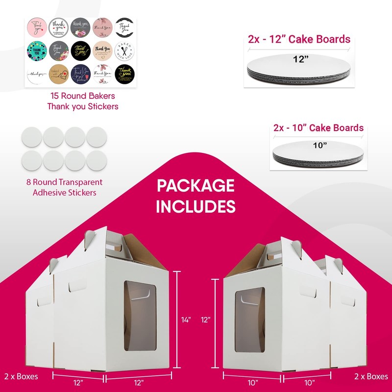 - 4 Pack Tri-Handle Tall Cake Boxes With Windows In 2 Sizes 10x10x12 & 12x12x... gallery