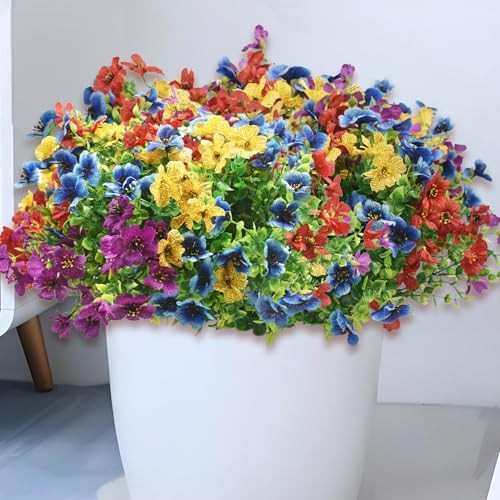 Artificial Flowers for Outdoor, 12 Bundle UV Resistant Yellow+purple+blue+red