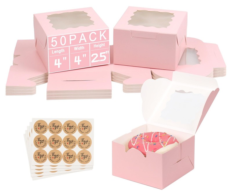 TryDrem 50Pcs 4x4x2.5 Pink Cookie Boxes, Bakery Boxes for Baked Goods, Cookie…