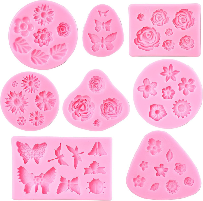 Flower Fondant Molds – 8 Pcs Flower and Butterfly Candy Silicone Molds for Choco