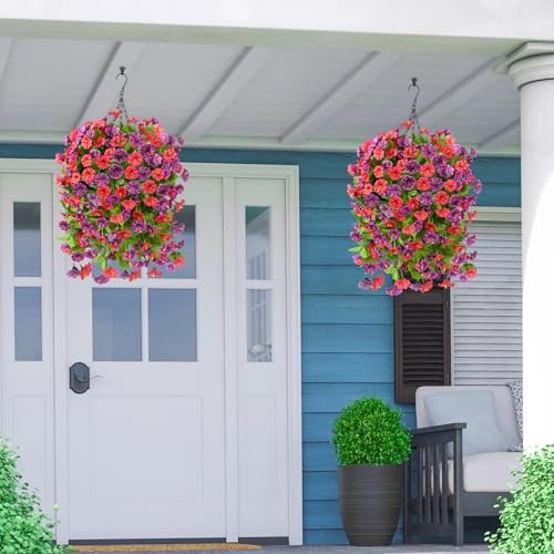 Artificial Faux Hanging Flowers Plants Baskets for Outdoor Spring - Red Purple gallery