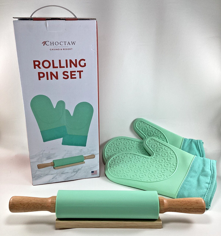 Kitchen Rolling Pin Set w Stand & 2 Oven Mitts Soft Seafoam Color NEW IN BOX