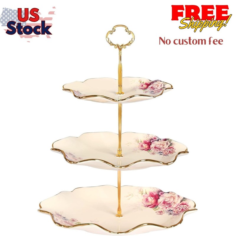 3-Tier Floral Royal Cupcake Stand, Vintage Fruit Plate with Gold Trim