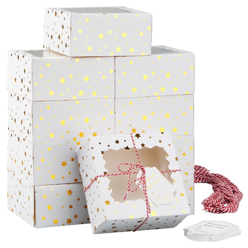 24 PCS 6x6x3 Inch Christmas Cookie Boxes With Window White Gold Star Bakery