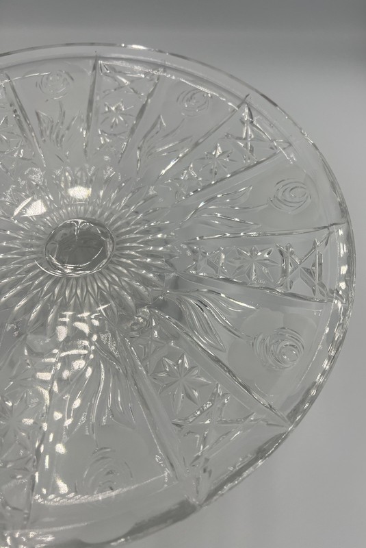 Vintage Leonard Crystal 11.25”x 4.25” Etched Cabbage Rose Pedestal Cake Plate gallery