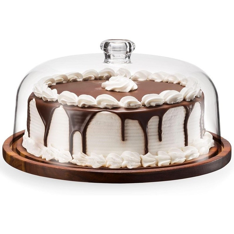 Acacia Wood Cake Stand W/ Acrylic Dome Elegant Serving Plate Gifts & Events New gallery