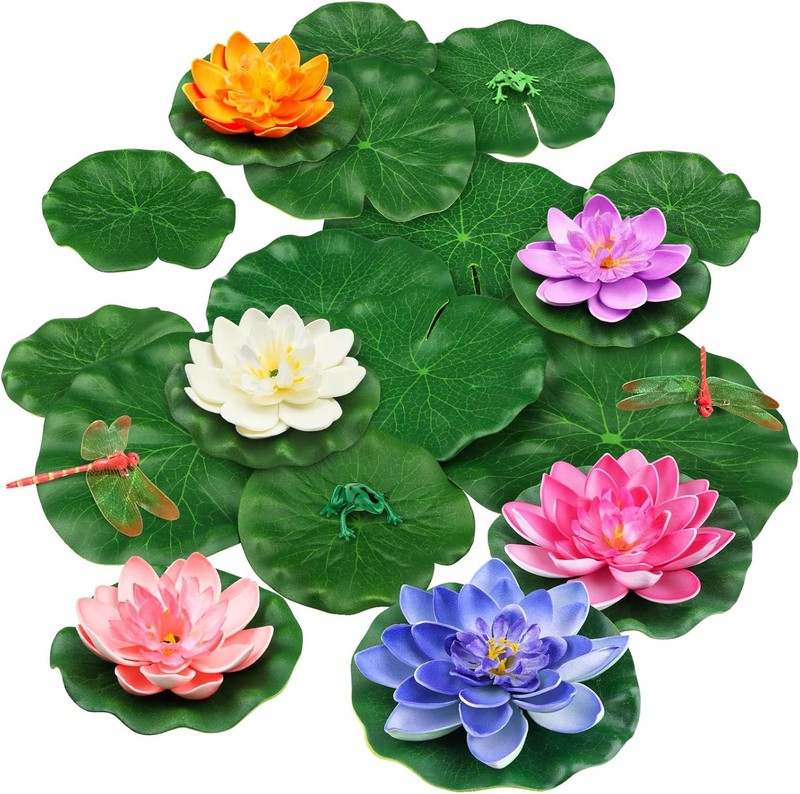 22 Pa Artificial Floating Fo Lotus Flowers with Artificial Frog