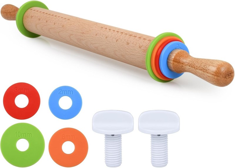Rolling Pin with 4 Adjustable Thickness Rings and Long Handle 13.6 Inch Woode…