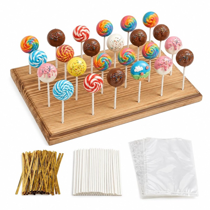 Cake Pop Stand for Drying and Display, No-Wobble Wooden Lollipop Holder with …