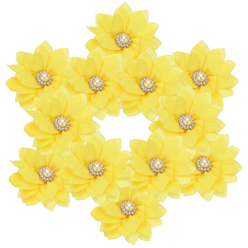 2.36 in Rhinestone Chiffon Flower, 12 Pcs Fabric Appliques, Light Yellow