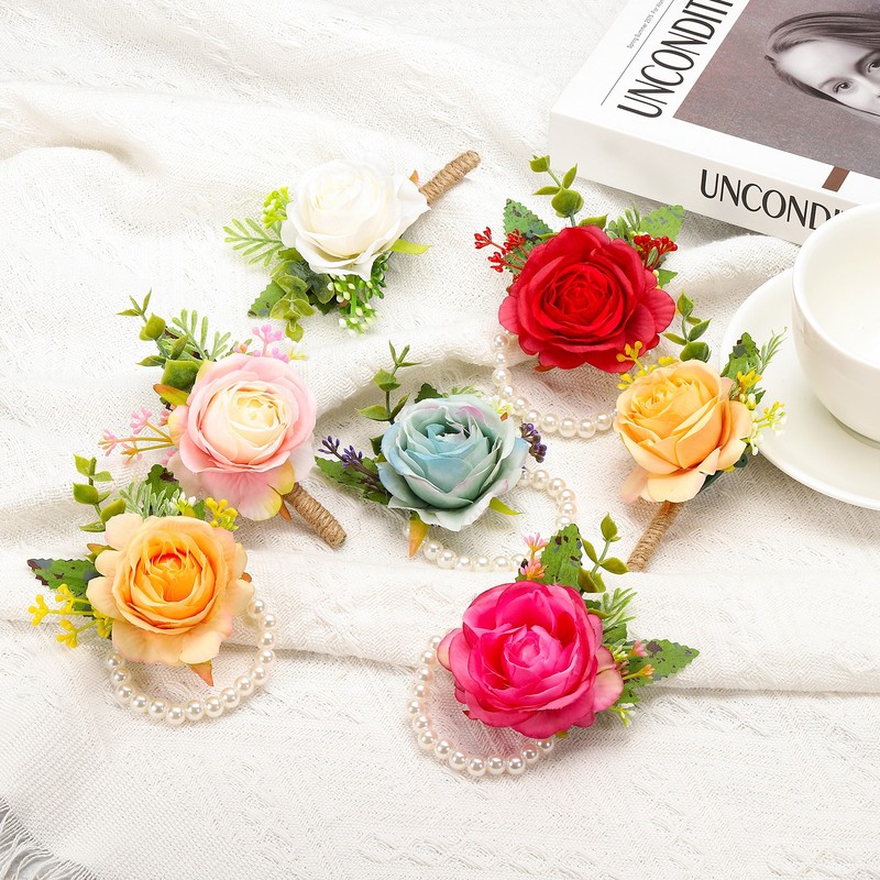 2 Pcs Rose Wrist Corsage and Boutonnieres Set, Flower Wristlet Light Pink gallery