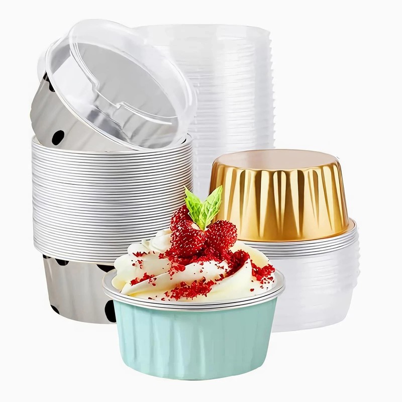 50PCS Mixed color Disposable Ramekins with lids 5oz Mini Aluminium Foil Baking