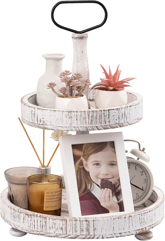 Farmhouse Two Tiered Wooden Tray Stand, UBTKEY 2 Tier Wood Round White,coffee