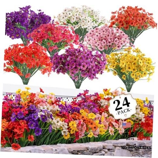 24 Bundles Artificial Flowers for Outdoors/Indoors, Fake 24 PCS Mix Colors