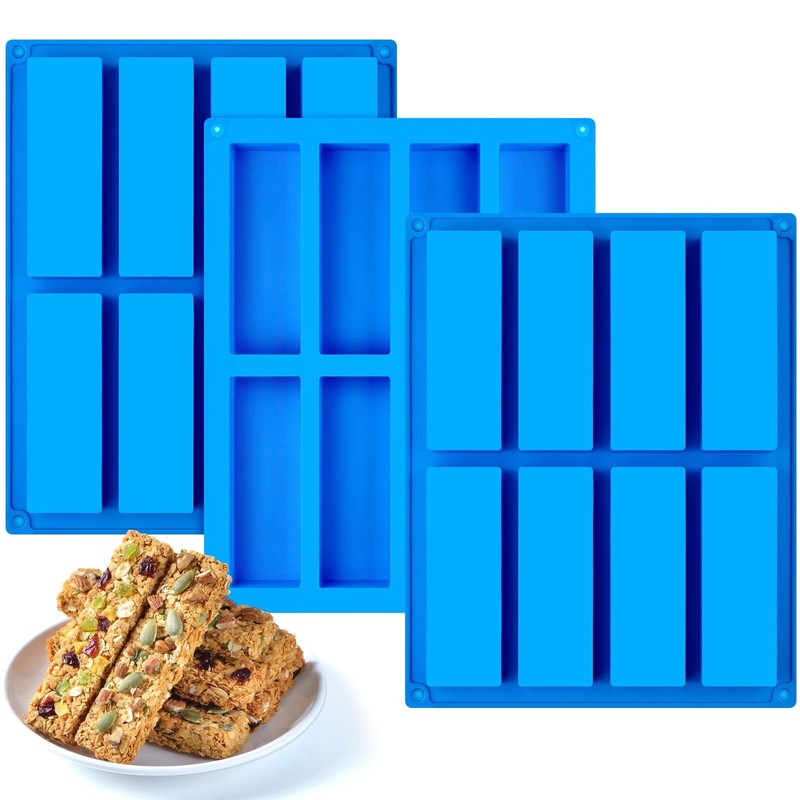 3 PCS Granola Bar Mold, 8 Cavity Rectangle Silicone Bar Mold for Baking Chocolat