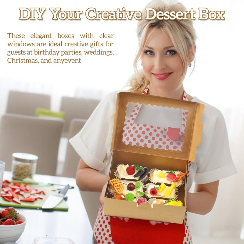 Cupcake Boxes,8X6X3 Inch 24Pack， Cookie Boxes with Window,Bakery Box,Kraft Paper gallery