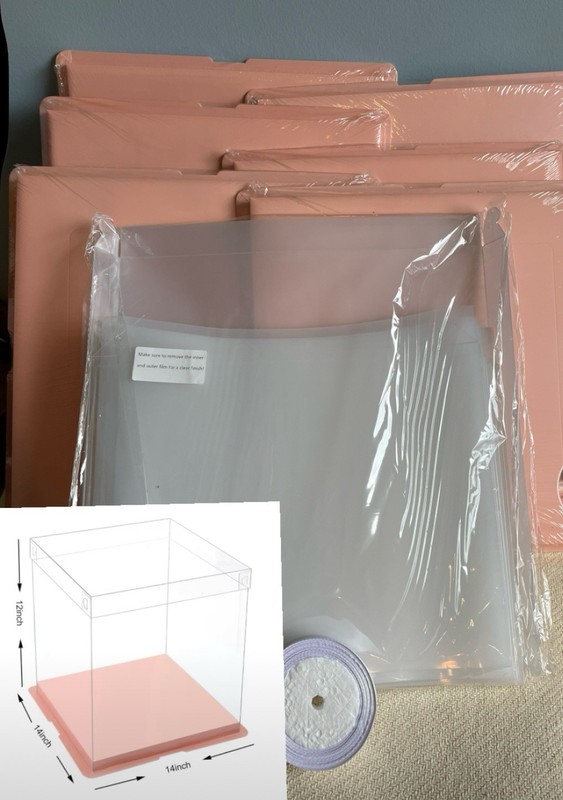 6 Gift Cake Boxes Pink 14x14x12 New Sealed XL Clear Cake Display Boxes W/Ribbon