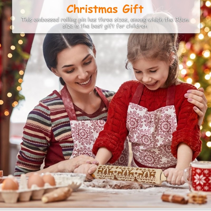 Embossed Wooden Rolling Pin, 3D Engraved Snowflake Elk Deer 15.3in, gallery