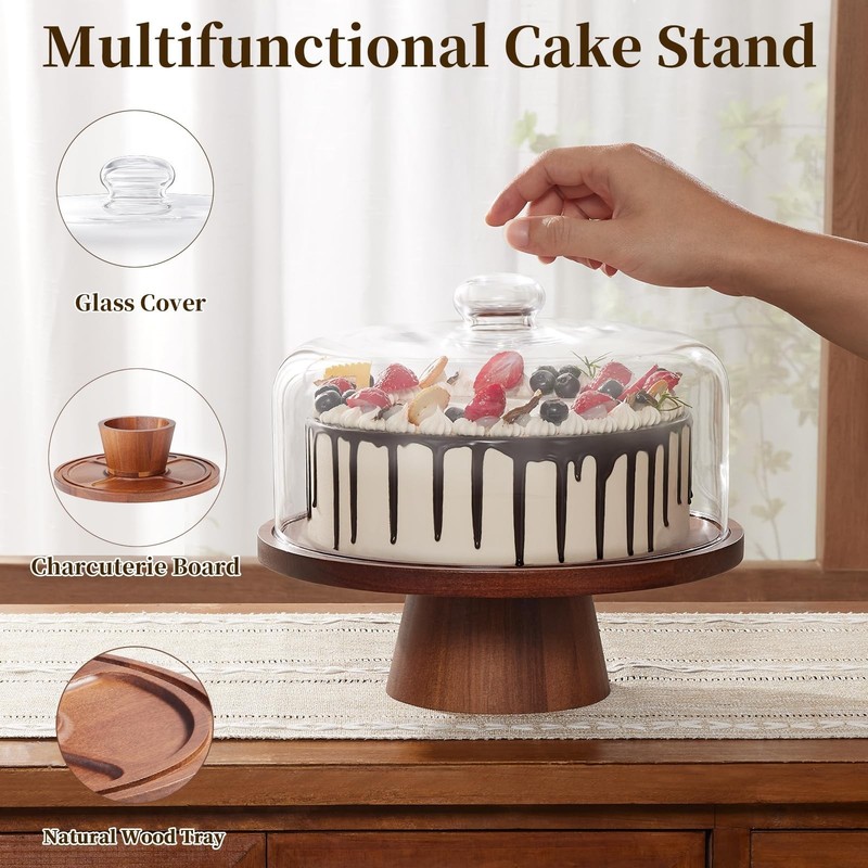 Acacia Wooden Cake Stand with Glass Dome Lid, 11-Inch Dessert Holder for Parties gallery