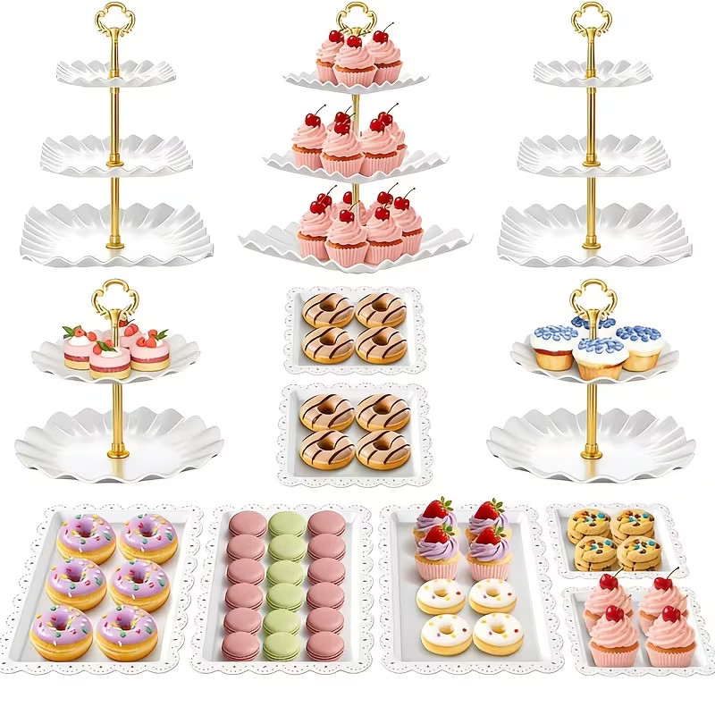 3 Tier Square Cupcake Stand White Wave Edge Dessert Serving Tray with Golden Met