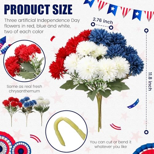 Thiccywoov 6 Pcs 4th of July Artificial Chrysanthemums Flowers Red White Blue gallery