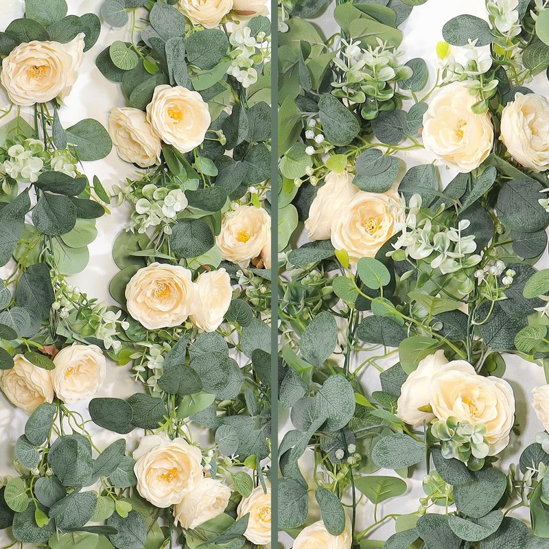 TOCHGREEN 4 Pack 24Ft Artificial Eucalyptus Flower Garland with Champagne Roses, gallery