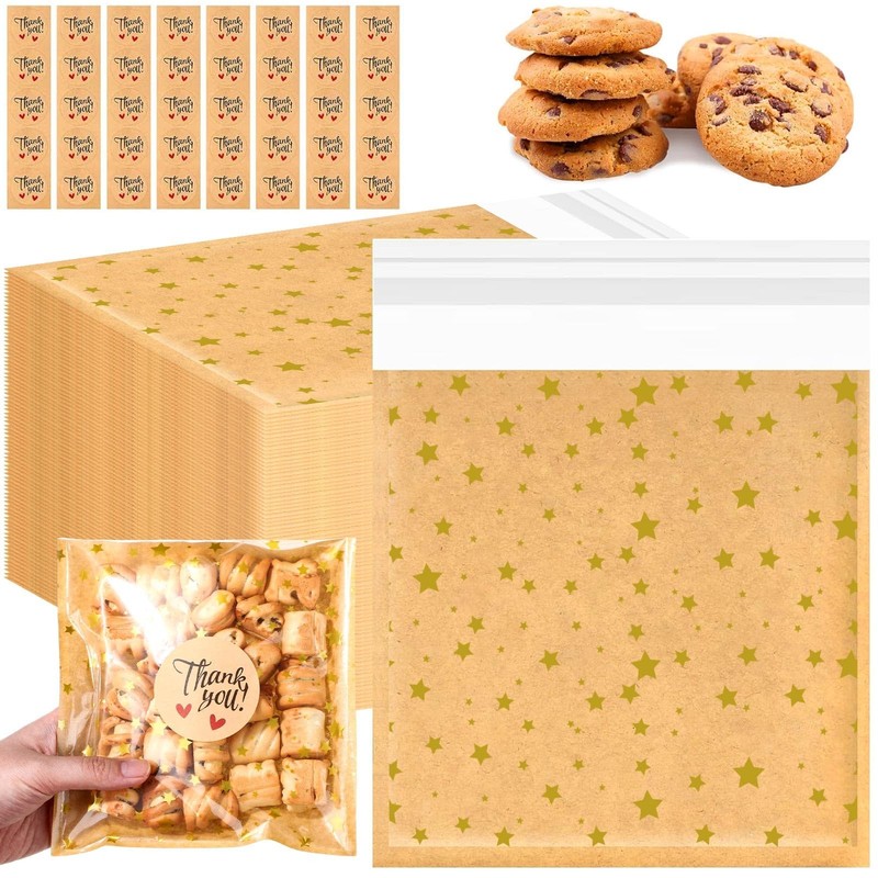 100 Pcs Self Adhesive Cookie Bags Cellophane Star Pattern Treat Bags Small Pl…