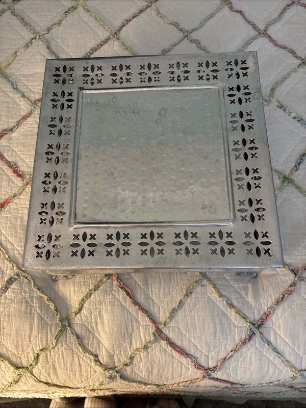 Vintage Silver 14" Square Cake Stand Display Party Riser With Cutouts. Aluminum? gallery
