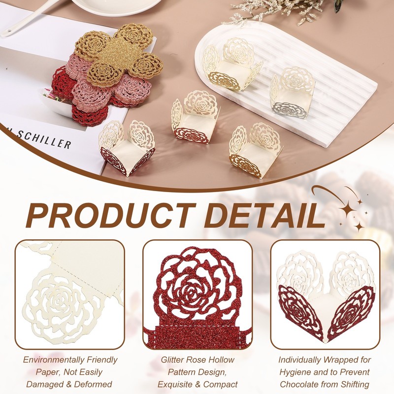 50Pcs 1.4x1.4" Glitter Rose Truffle Wrapper Cupcake Liners for Decor, Red gallery