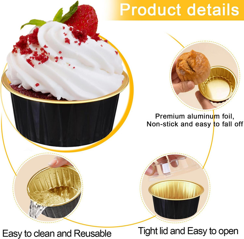 200 Pcs Black Gold 5 OZ Aluminum Foil Baking Cups with Lids 5 round Disposable B gallery