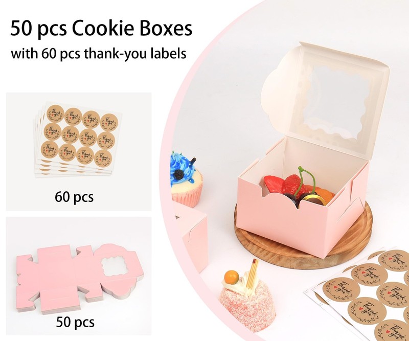 TryDrem 50Pcs 4x4x2.5 Pink Cookie Boxes, Bakery Boxes for Baked Goods, Cookie... gallery