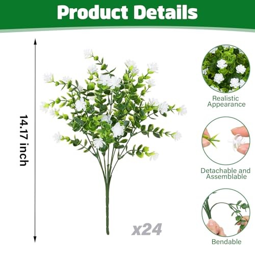 24 Bundles Artificial Flowers for Outdoors, Faux Plastic Flowers 24 Packs White gallery