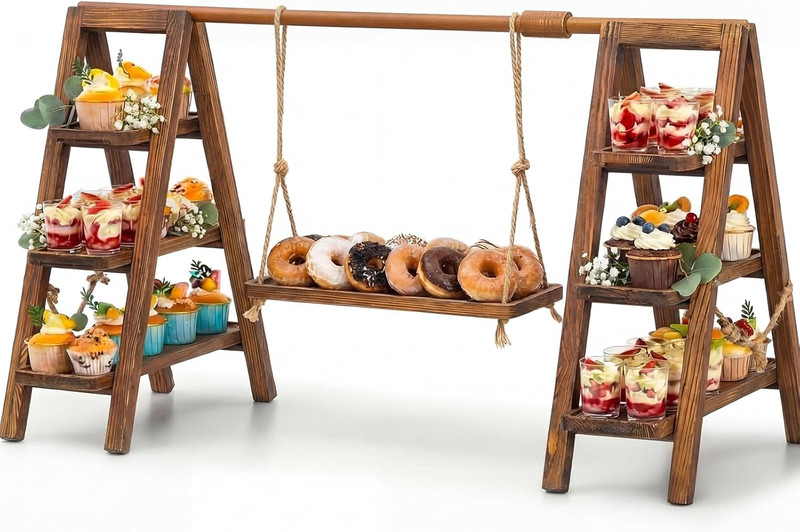 3-Tier Wooden Cupcake Stand with Platter – Foldable Dessert Display (Dark Walnut
