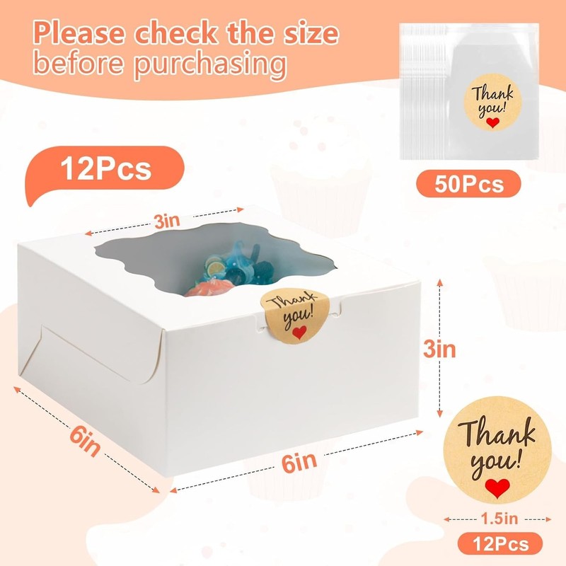 12 Pcs Cookie Boxes with Window, 6x6x3 Inches White Bakery Boxes, Treat Boxes wi gallery