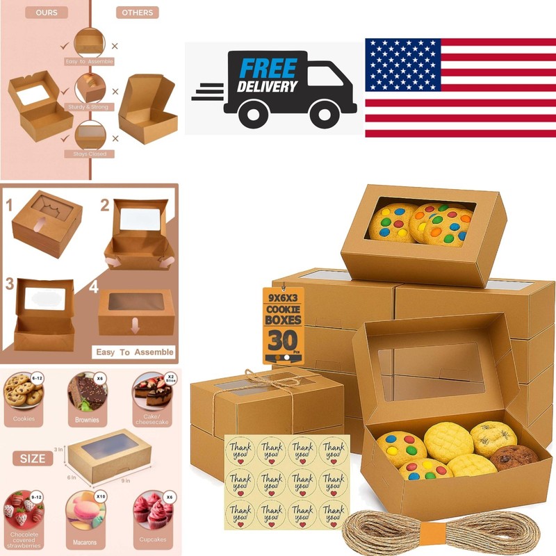 Small Bakery Boxes with Window 30 Count 9x6x3 Inches for Cookies and Pastries