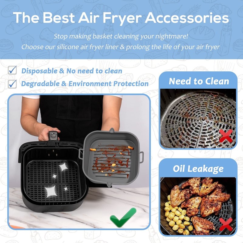 [2 Pack] Silicone Air Fryer Liners Square - Reusable Airfryer Basket - Easy t... gallery