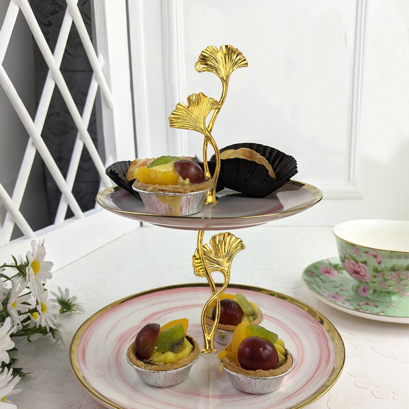 2 Tiers Cake Tray Stand Handle Metal Holder for Cake Plate Gold Flower gallery