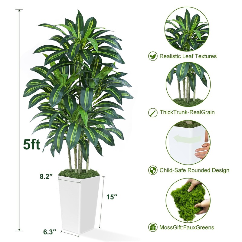 Keeplush 5Ft Artificial Dracaena Tree - High-Density Foliage Fake Plant White gallery