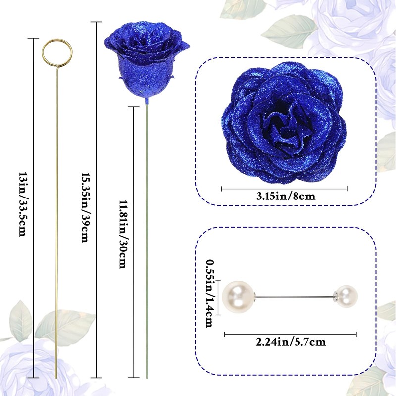 Waipfaru Blue Glitter Roses Bouquet, DIY Fake Flowers 24pcs, gallery