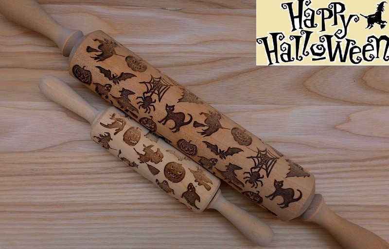Happy Halloween Wooden Rolling Pin Laser Cut Netting Pattern Halloween Party gallery