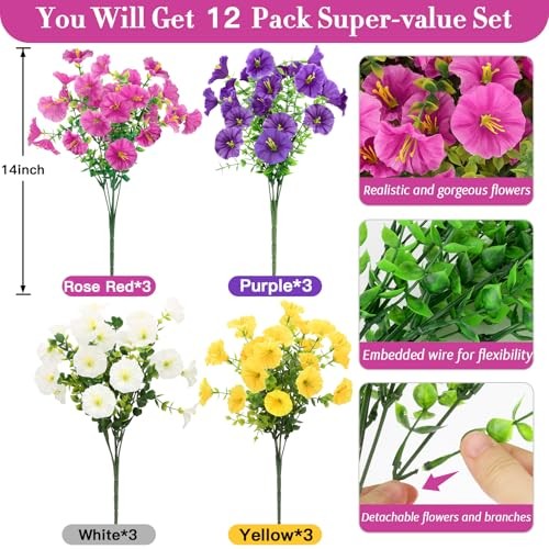12Pcs Faux Silk Morning Glory with Eucalyptus, UV Resistant Realistic Mutil1 gallery