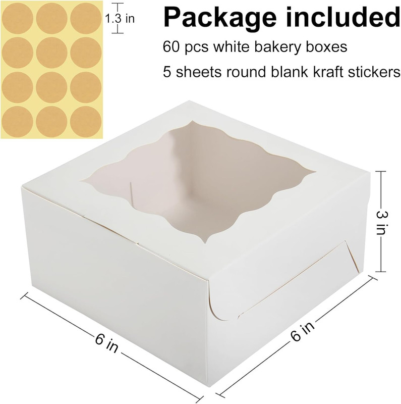 60 Pcs Bakery Boxes With Window 6"x6"x3" White Cookie Pastry Packaging gallery