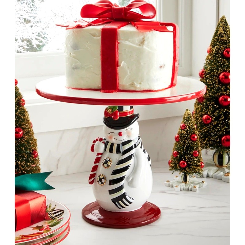 MACKENZIE CHILDS Nostalgia Snowman Pedestal Platter Christmas Holiday NEW