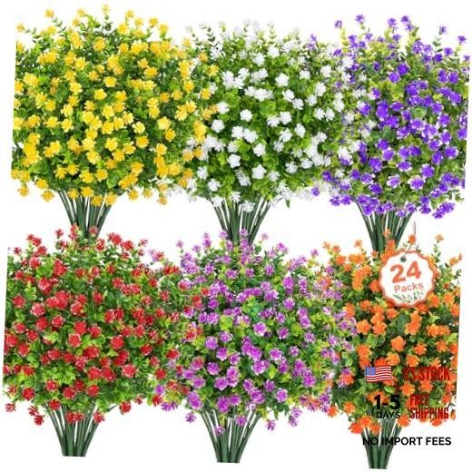24 Bundles Artificial Flowers for Outdoors, Faux Plastic 24 Packs Multi Color