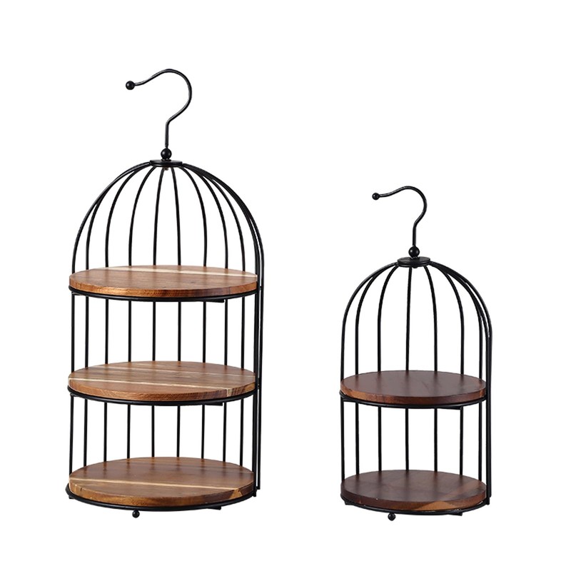 Bird Cage Cupcake Stand Set of 2, 3-Tier and 2-Tier Acacia Wood Trays with Bl…